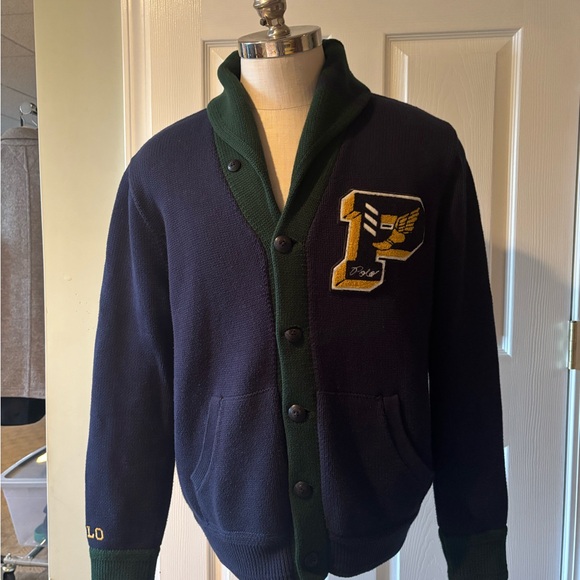 Polo by Ralph Lauren Navy and Dark Green Letterman Shawl Collar Cardigan - Picture 4 of 4